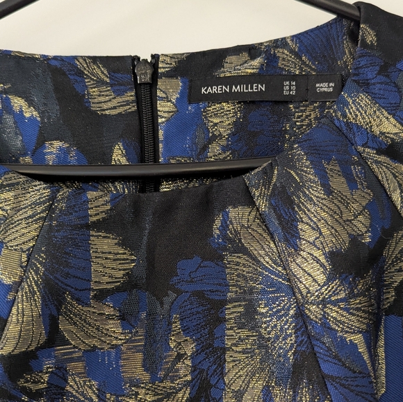 Karen Millen Blue Gold Floral Jacquard Cocktail Dress Size 10 Party Dress - Picture 7 of 8